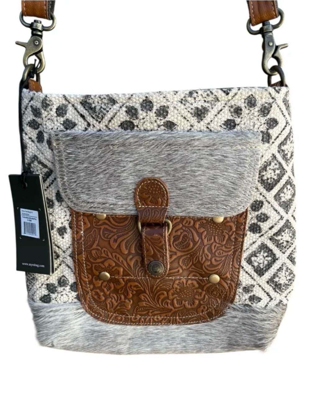 Myra Bag-Shoulder Purse-Perfect Mania-Hair On Hide-Canvas-Leather-Buckle-S-2860